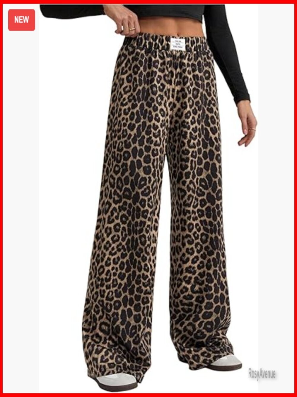 Leopard Print Wide Leg Pants Elastic Waist Casual Trousers